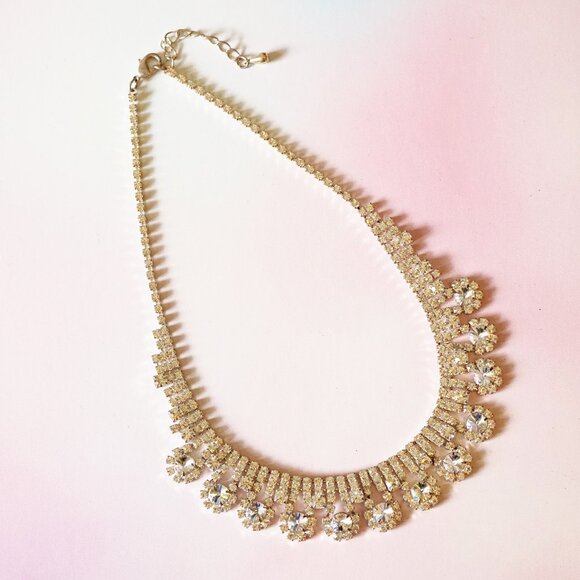 1970s Rhinestone Cocktail Choker Necklace – Silver Tone Crystal Floral Motif - Picture 1 of 5
